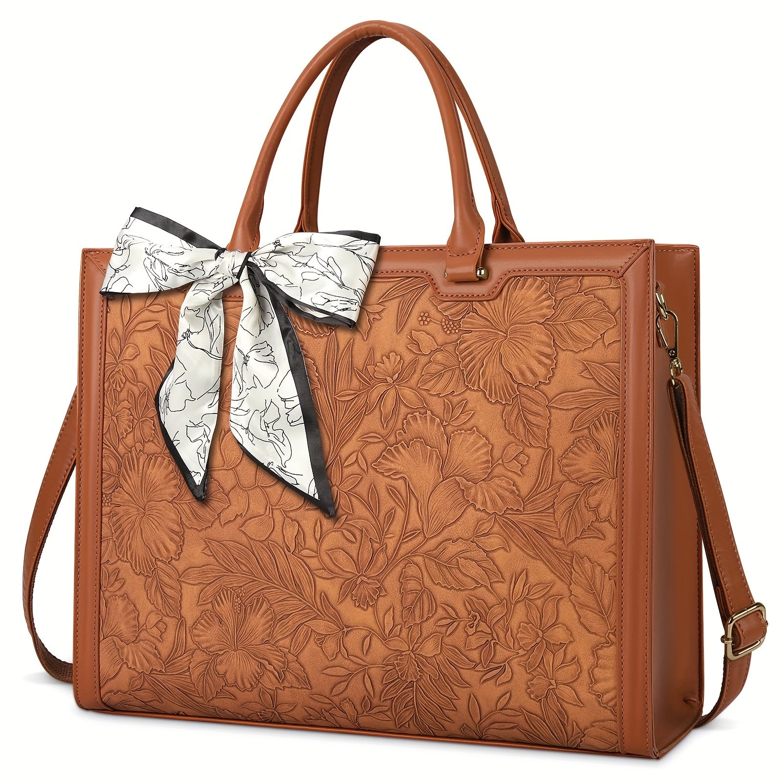 NEWHEY Women's Laptop Briefcase 15.6-inch Laptop Tote High Quality Computer Handbag Business Lightweight Office Briefcase Large Capacity Tote Shoulder Bag with Scarf, Brown